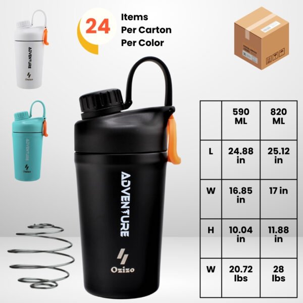 Ozizo M63 Insulated Protein Shaker with Mixing Spring, Carton (24 units per color)
