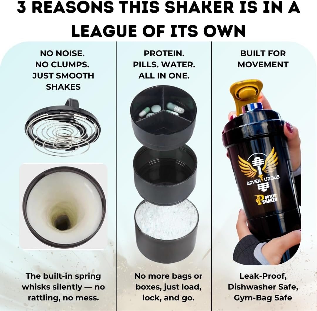 ProteinShaker Adventurous Bottle, 3-in-1 Gym Bottle with Protein Holder, Pill Storage, Mixer, and Measurements Scale,16oz - Image 4