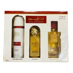 LATTAFA ANA ABIYEDH ROUGE 3 PCS GIFT SET WITH 100ML EDP + 200ML DEO + 50ML HAIRMIST